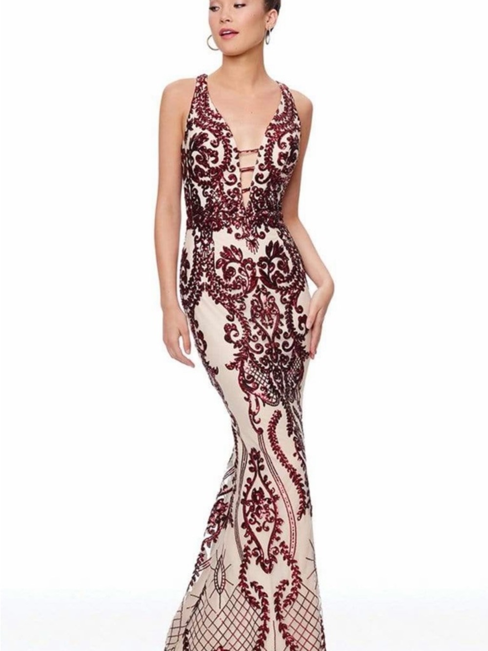 Clarisse Ivory Gown with Burgundy Embroidered Lace-Up V-Neck